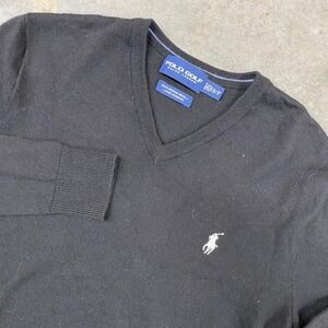 Polo Golf Ralph Lauren Black Merino Wool Vintage V-Neck Sweater Men's S
